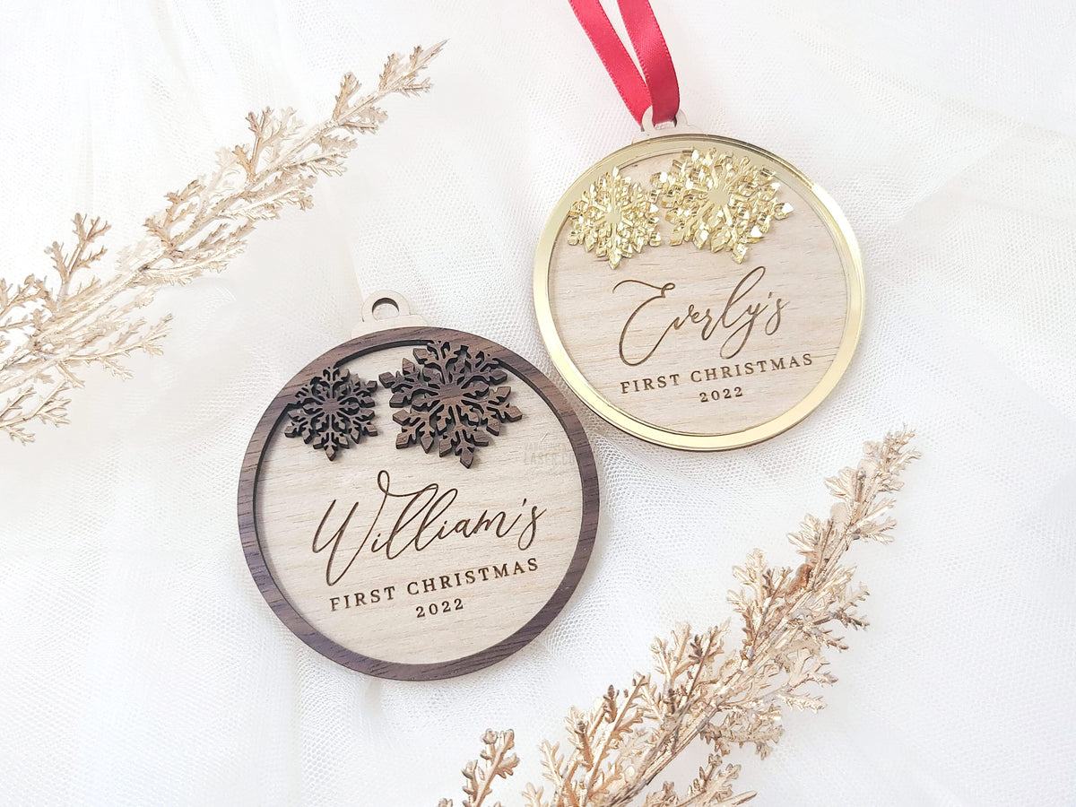 Custom Layered Snowflake Baby First Christmas Ornament